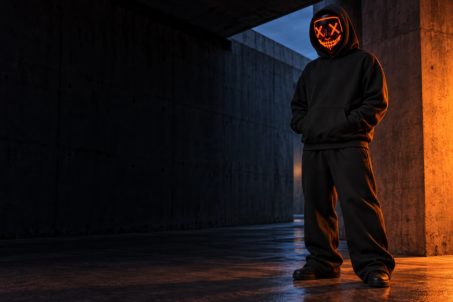 VENORCA campaign visual: masked model wearing the black hoodie and baggy pants set