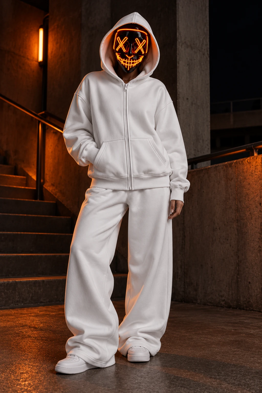 Masked model wearing the VENORCA white zip-up and wide-leg pants set