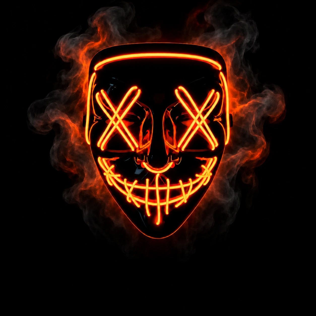VENORCA signature black mask with glowing orange X eyes and stitched smile